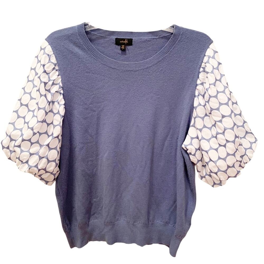 Ontwelfth Blue White Polka Dot  Puff Sleeve Sweater Top Large